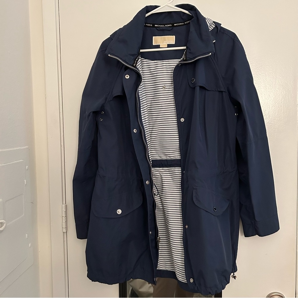 MICHAEL Michael Kors Navy Trench Coat with Striped Lining